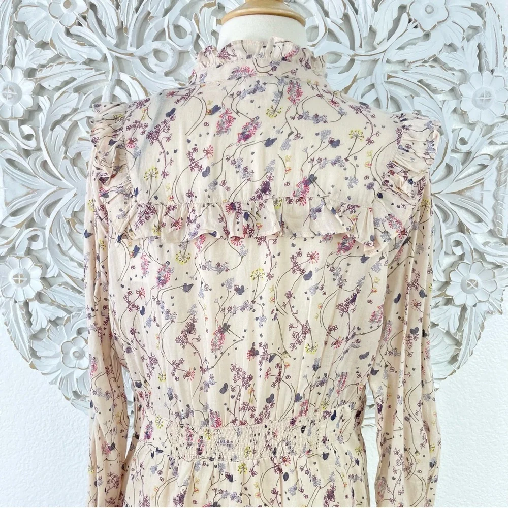 {BA&SH} Belle Pleated Ruffle Floral Cotton-Gauze Dress, Size L, NWT